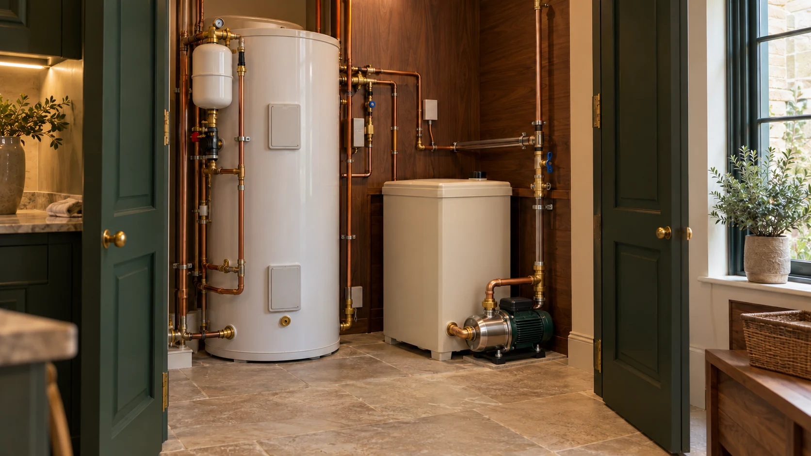White unvented hot-water cylinder beside a separate cold-water tank and booster pump in a utility room.