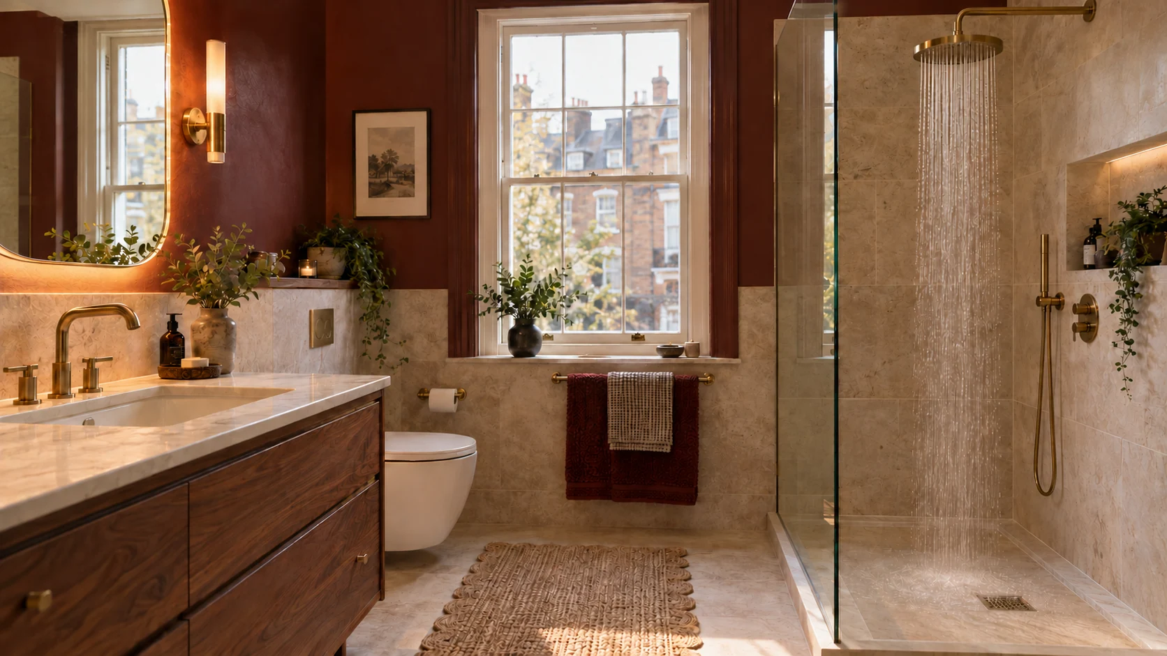 Running walk-in shower beside a walnut vanity and burgundy walls in a warm stone-finished bathroom.