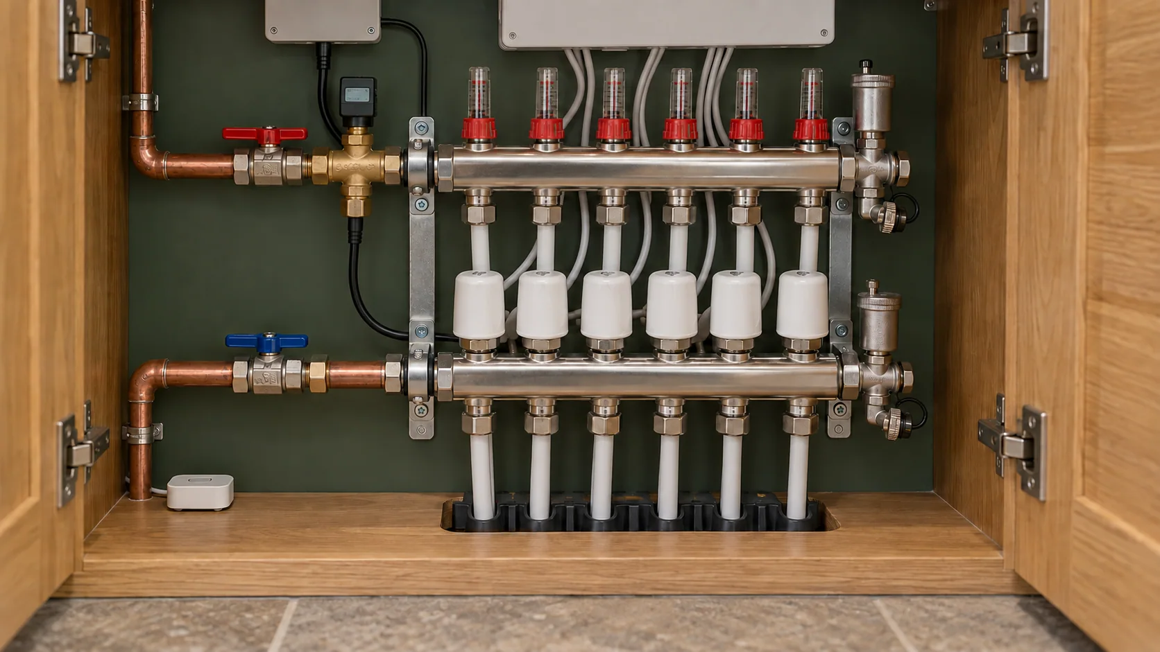 Underfloor heating manifold with pressure monitoring and a floor leak sensor