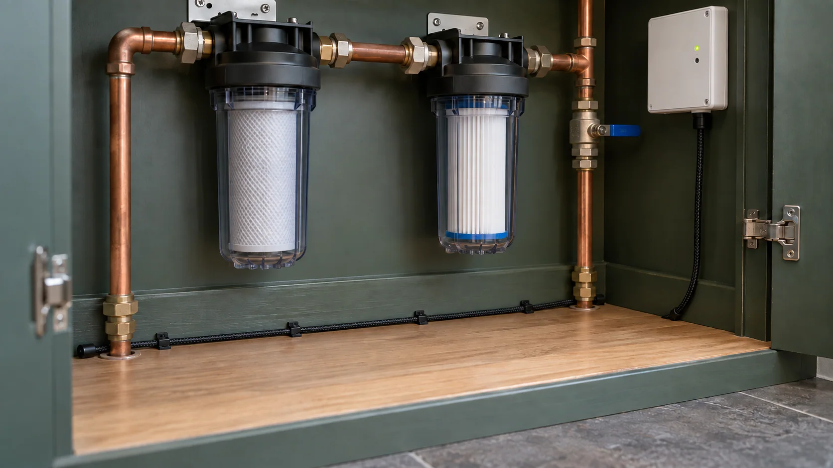 Leak detection cable at the base of a cupboard containing water filters