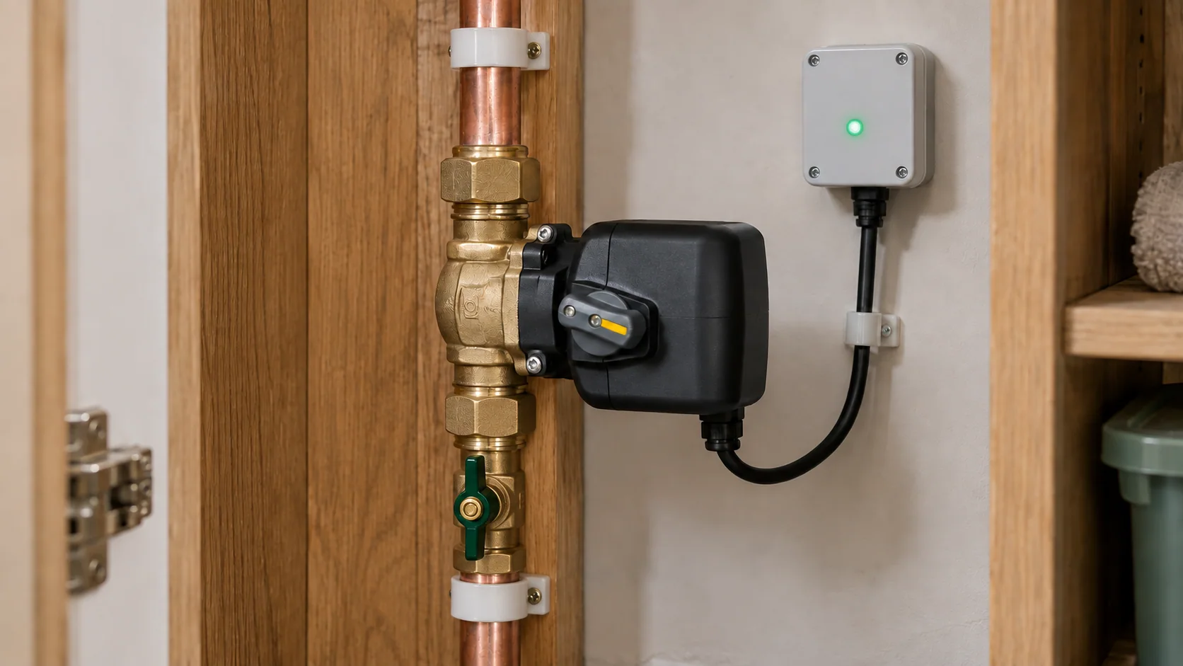 Motorised water shut-off valve with accessible manual isolation and enclosed controller