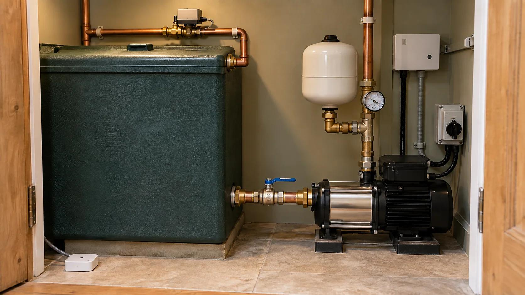 Cold-water storage tank and booster pump with local leak sensing