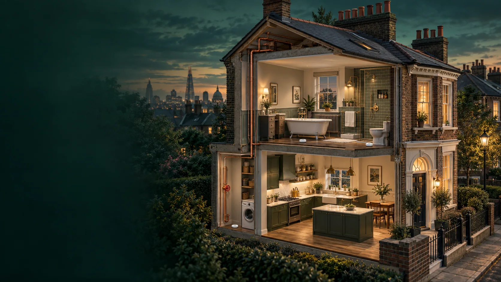 Cutaway illustration of a London house showing water supplies, vulnerable connections and local leak sensors