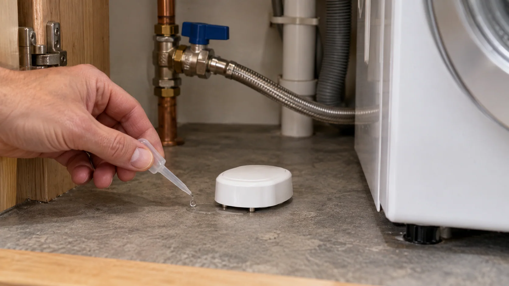 Functional test of a point water leak sensor beside a washing machine