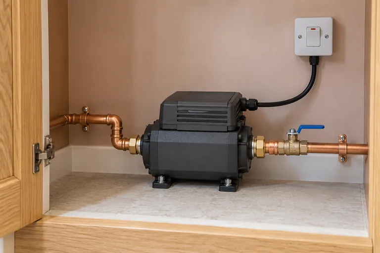 Compact inline cold-water booster installed on supported copper pipework inside an accessible utility cupboard.