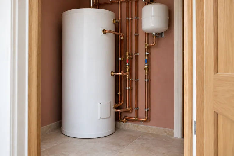 Unvented hot-water cylinder and orderly copper distribution pipework in an accessible domestic service cupboard.
