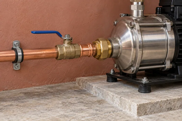 Detail of supported press-fit copper pipework, an accessible isolation valve and a booster pump on anti-vibration feet.