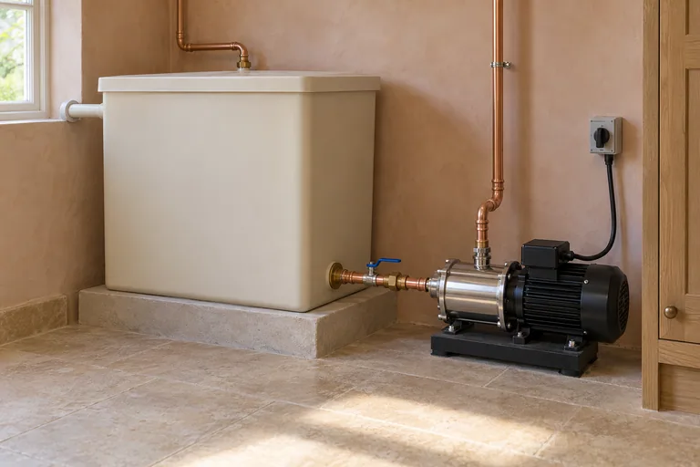 Covered cold-water storage tank connected to a stainless-steel booster pump in a domestic plant room.