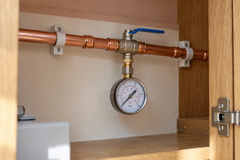 Pressure-test gauge connected to a dedicated test point on domestic cold-water pipework.