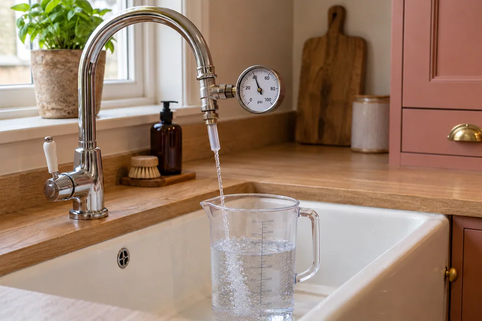 Pressure gauge connected to a kitchen tap test fitting while water flows into a measuring jug in the sink.