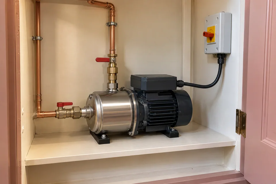 Compact domestic booster pump with separate inlet and outlet pipes, vibration-isolating feet and a connected electrical isolator.