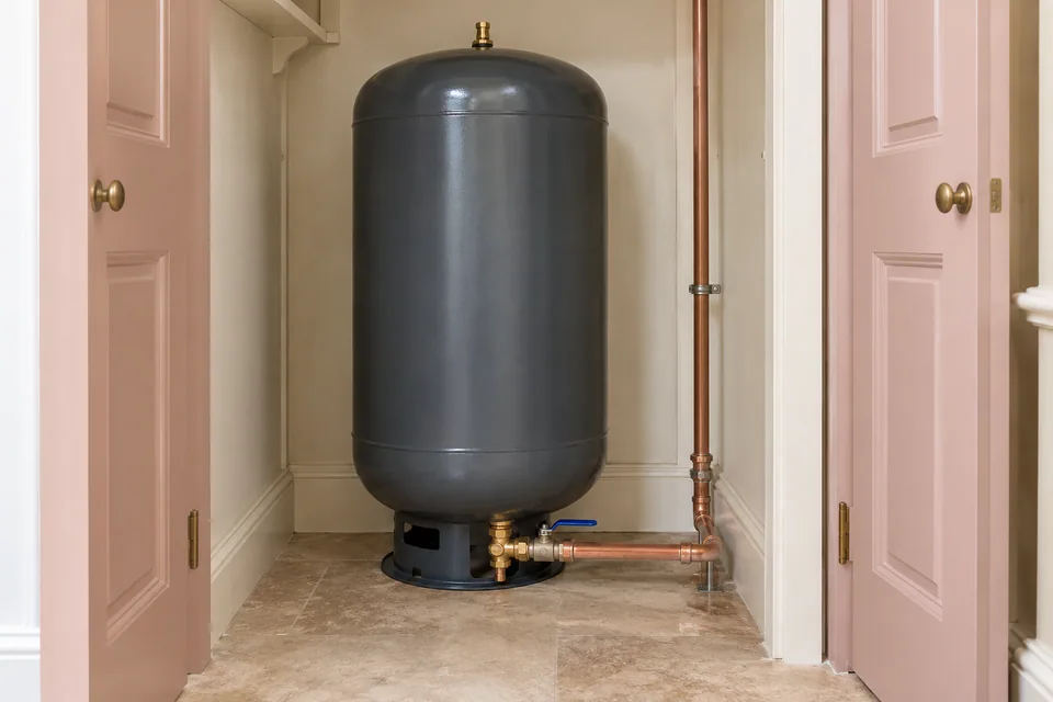 Upright cold-water accumulator with a single lower water connection and accessible isolation valve in a domestic service cupboard.