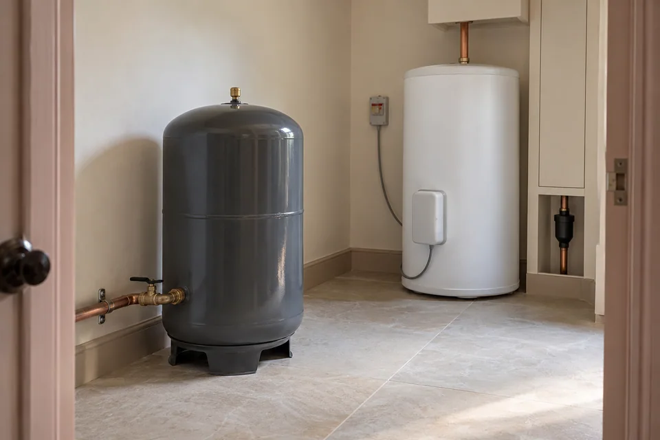 Dark cold-water pressure vessel and a separate white hot-water cylinder in a domestic utility room.