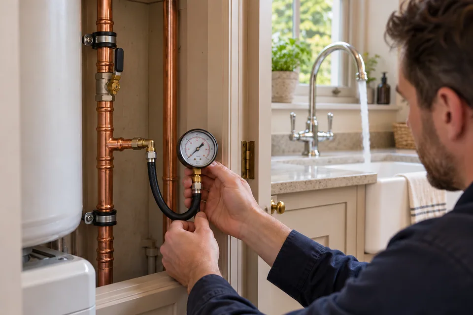 Engineer checking a pressure gauge connected to the incoming water supply in a utility room.
