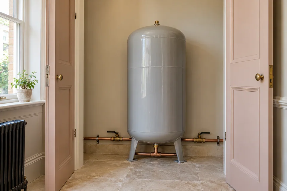 Floor-standing cold-water accumulator with a bottom pipe connection and accessible isolation in a service cupboard.