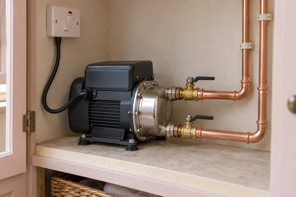 Compact water booster pump with separate inlet and outlet pipework, vibration-isolating feet and an electrical isolator.