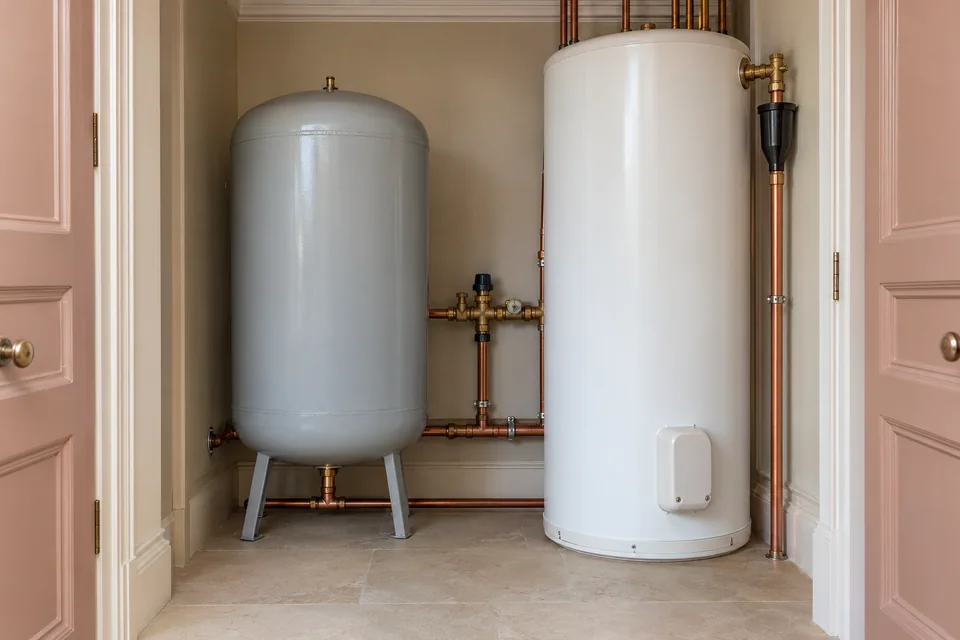 Cold-water accumulator beside an unvented hot-water cylinder, with accessible pipework in a service cupboard.