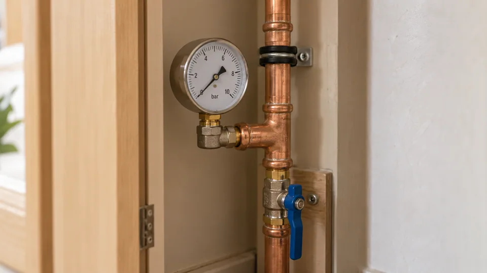 Pressure gauge connected to an accessible cold-water supply during a domestic water assessment.