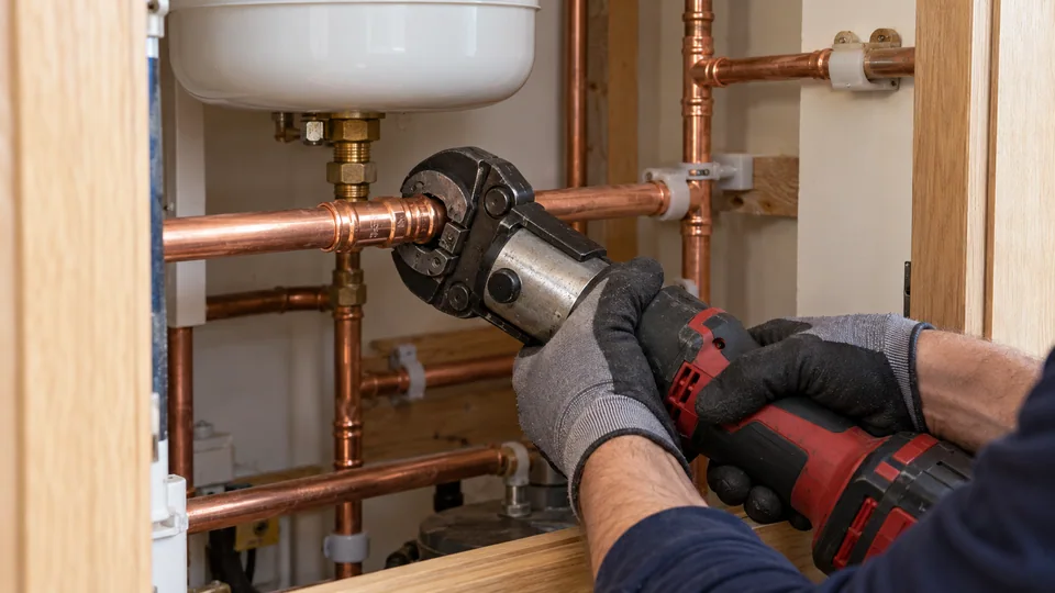 Press tool positioned around a copper fitting in accessible domestic supply pipework.