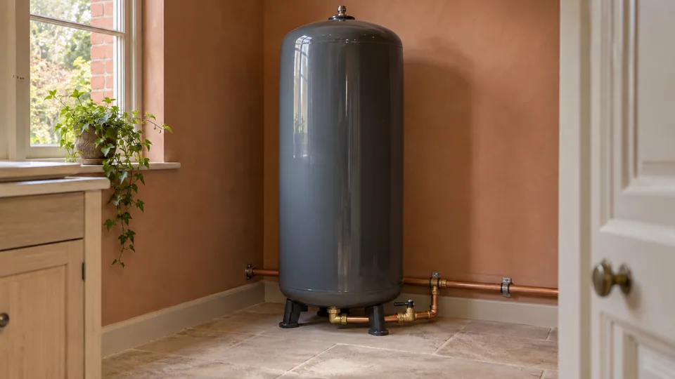 Vertical domestic water accumulator with accessible lower connection and supported copper pipework.