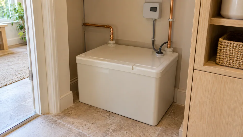 Packaged cold-water storage and boosting unit arranged with clear access to controls and pipework.