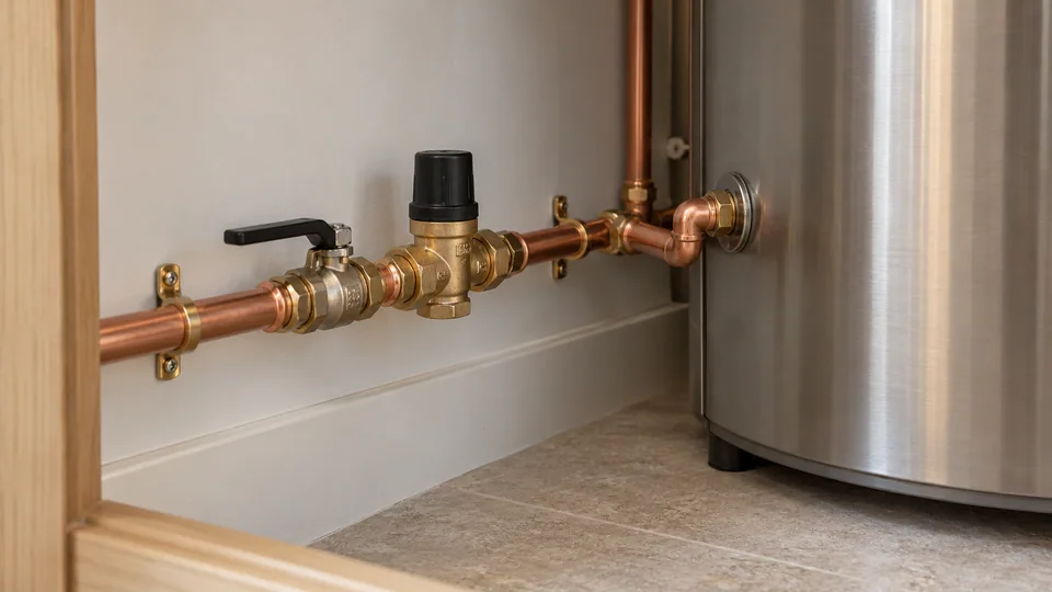 Accessible cold-water inlet controls beside an unvented hot-water cylinder.