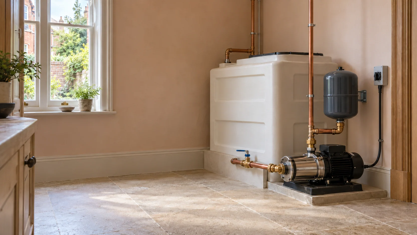 Cold-water storage tank, stainless-steel booster pump and supported pressure vessel in a warm-toned domestic utility room.