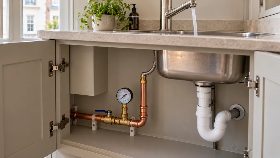 A pressure gauge connected to cold-water pipework beneath a utility sink while the tap runs