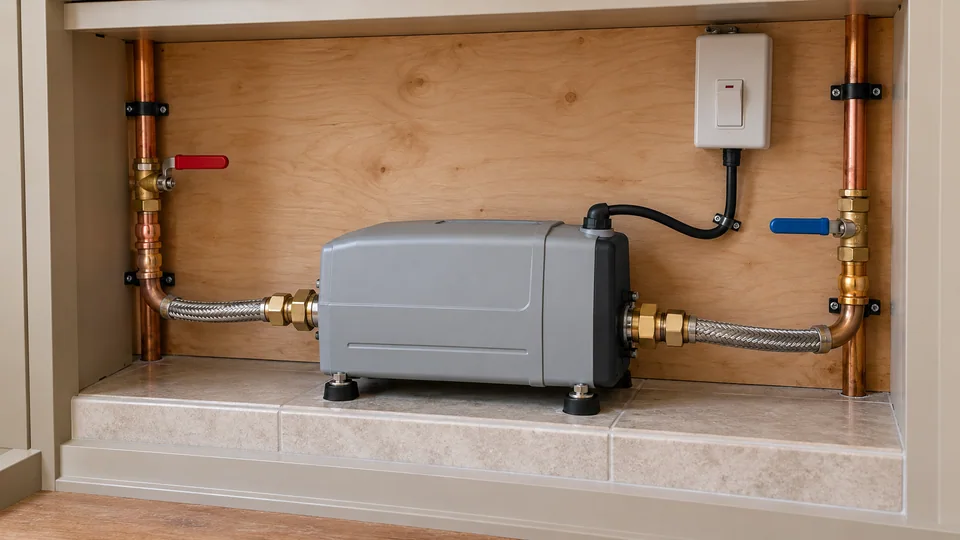 A compact enclosed inline water booster connected to a dedicated copper supply in an accessible service cupboard