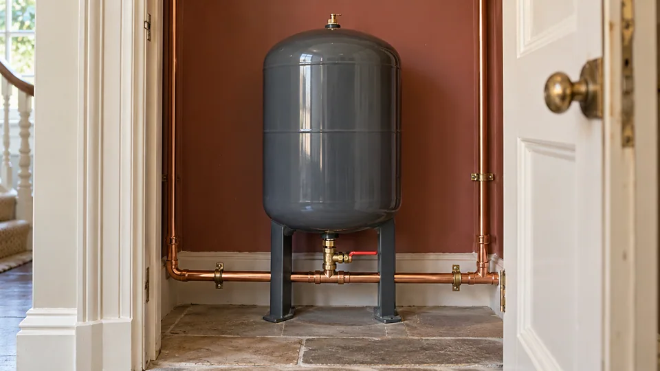 A vertical water accumulator connected by a single bottom branch to clipped copper distribution pipework