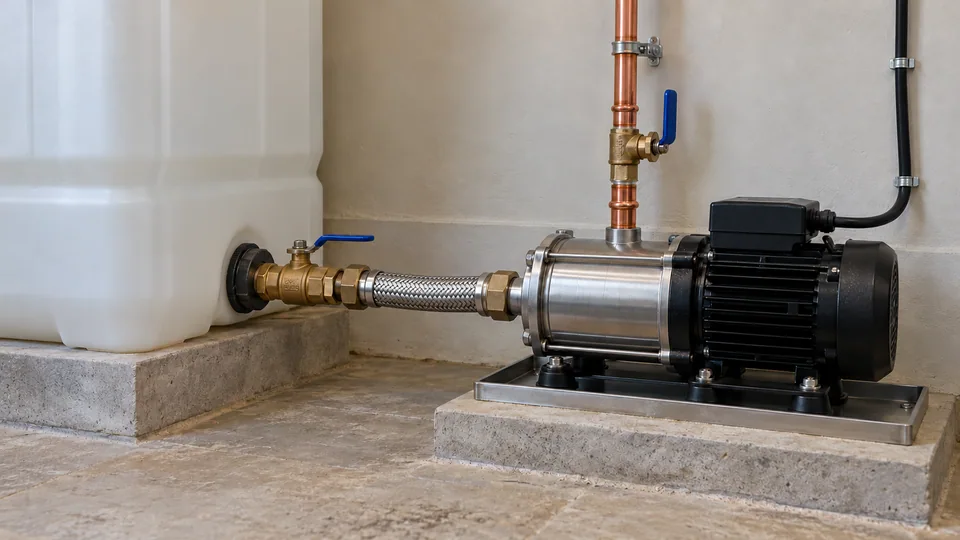 A tank-fed stainless booster pump with accessible isolation valves, supported pipework and anti-vibration mounting