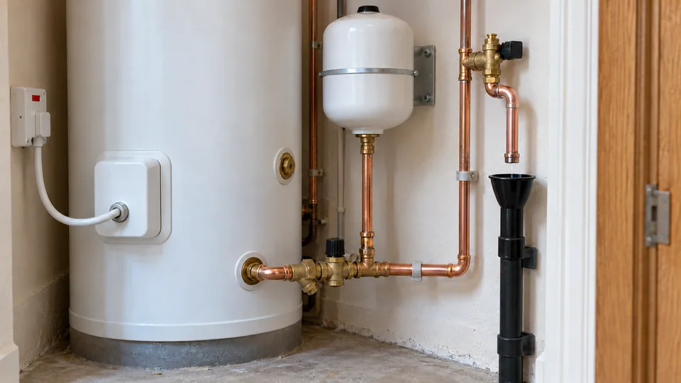An unvented hot-water cylinder with accessible cold inlet controls and a visible tundish in a domestic service cupboard