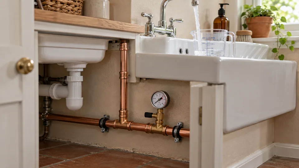 Pressure test gauge connected to copper supply pipework beside an open utility tap and measuring jug
