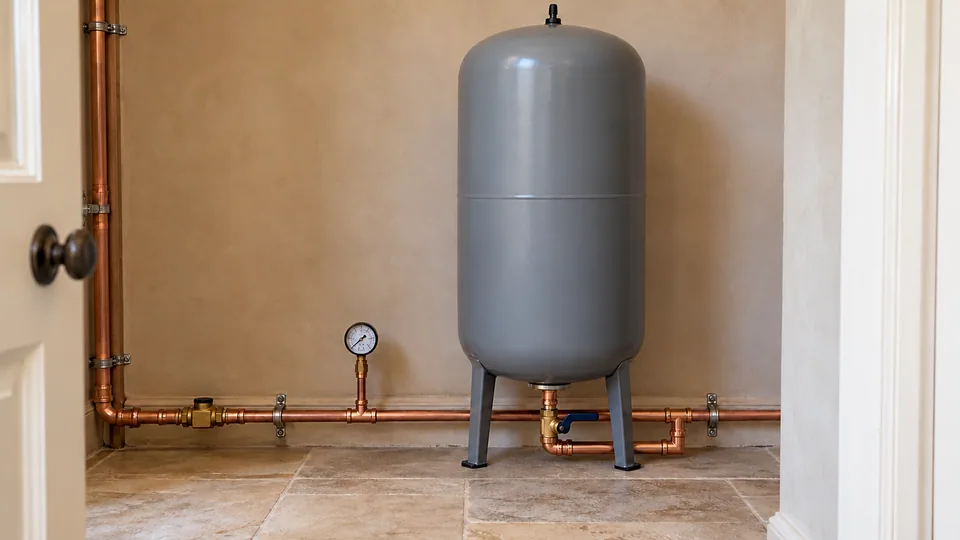 Floor-standing grey water accumulator connected through its bottom port to supported copper cold-water pipework