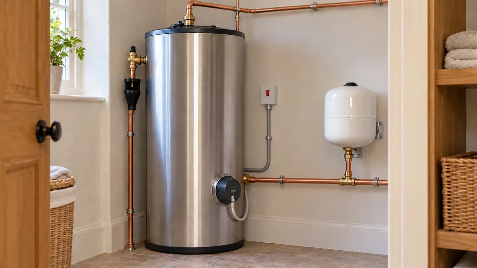 Unvented hot-water cylinder with an expansion vessel, accessible copper pipework and a safety discharge tundish