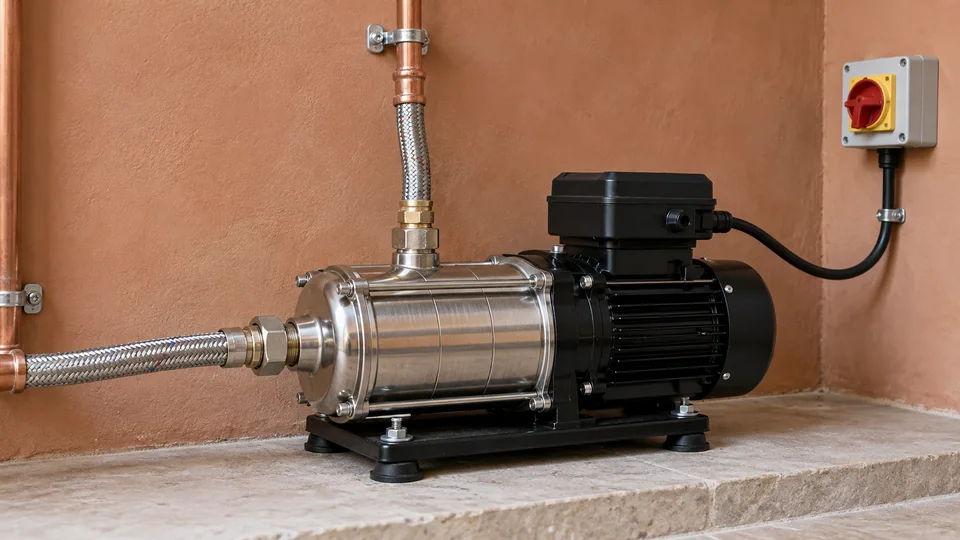 Stainless-steel booster pump on vibration-isolating feet with flexible connections and a wired wall isolator