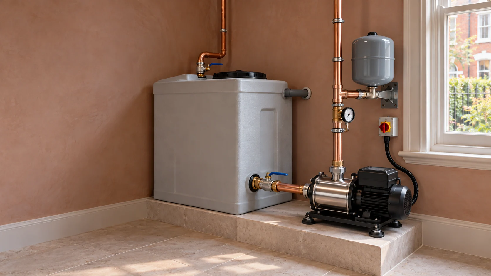 Tank-fed water pressure booster with a stainless-steel pump, pressure vessel and copper pipework in a period-style utility room
