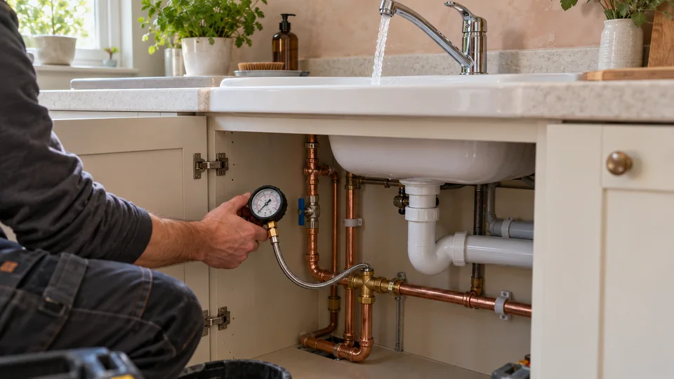 A plumber checks a pressure gauge connected to the cold-water supply while a utility tap runs