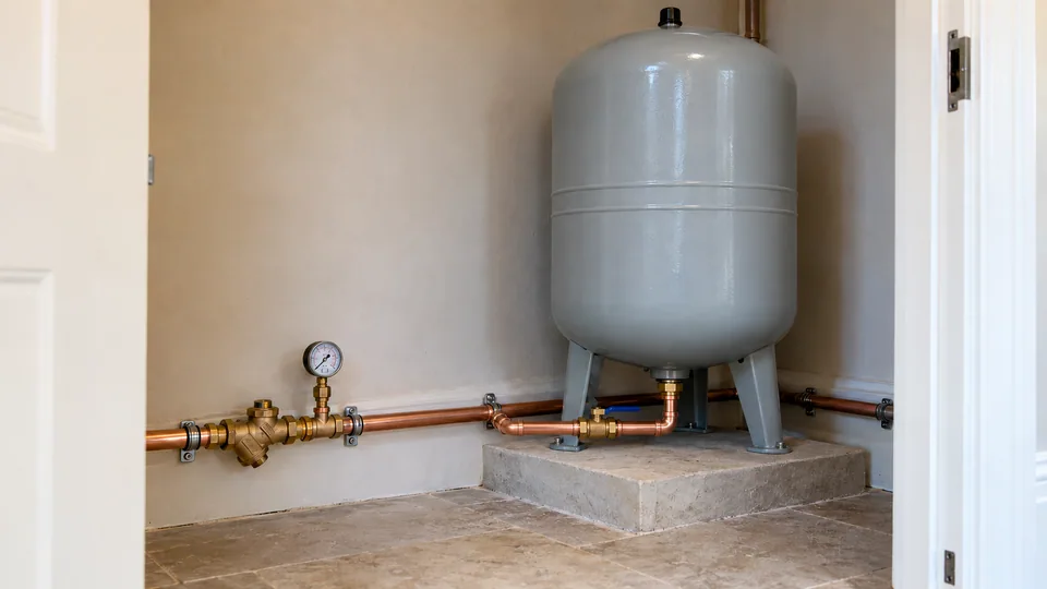 A vertical water accumulator with an accessible bottom connection and isolation valve in a domestic service cupboard