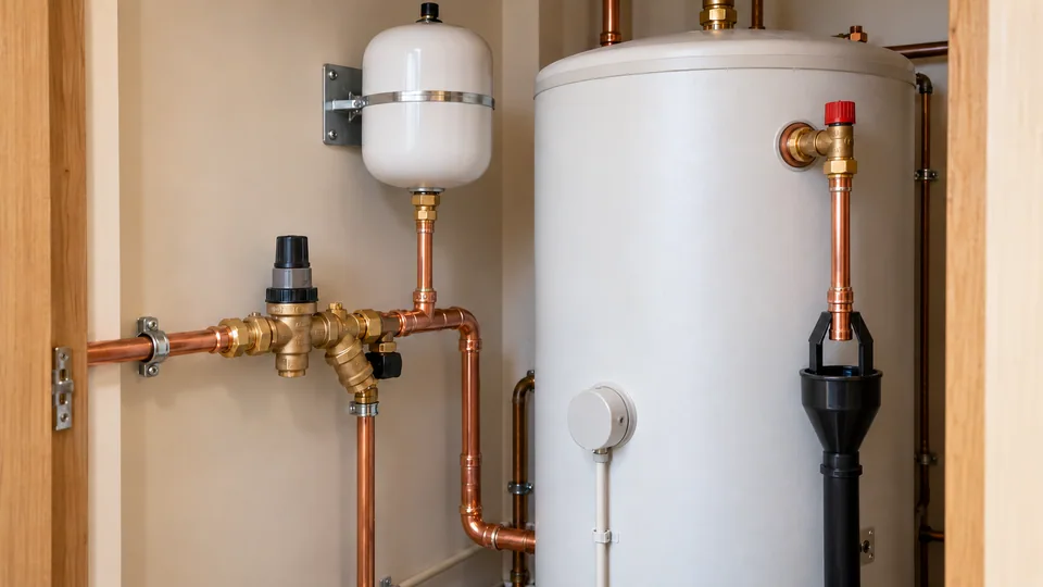 An unvented hot-water cylinder with accessible inlet controls and a visible dry tundish in a service cupboard