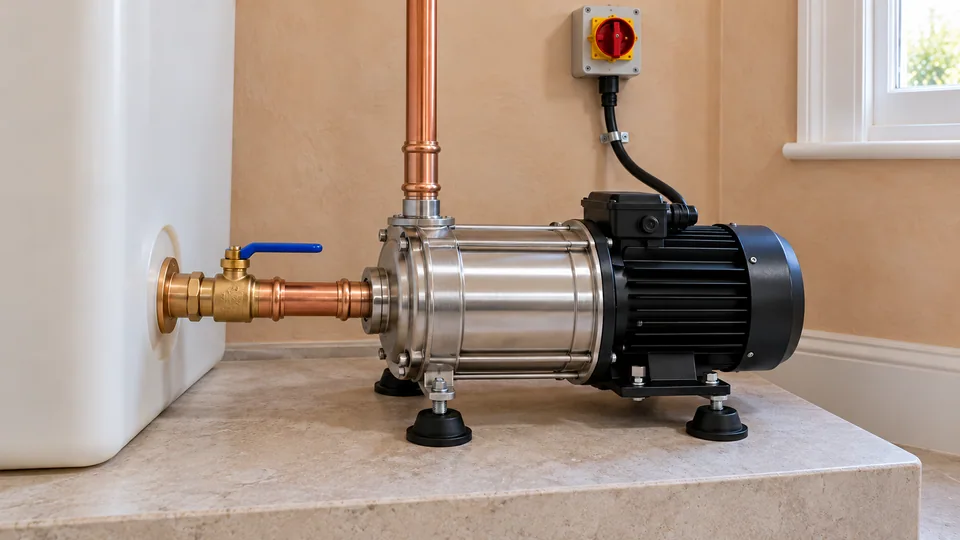 A stainless booster pump on anti-vibration mounts with connected pipework and a terminated electrical supply
