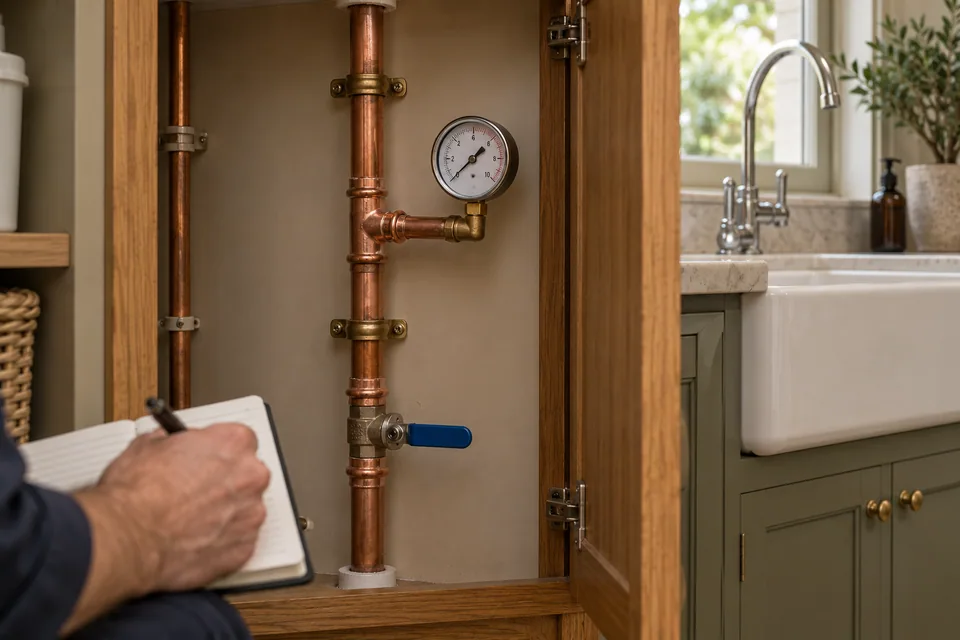 Pressure gauge connected to copper water-supply pipework in an accessible utility cupboard.