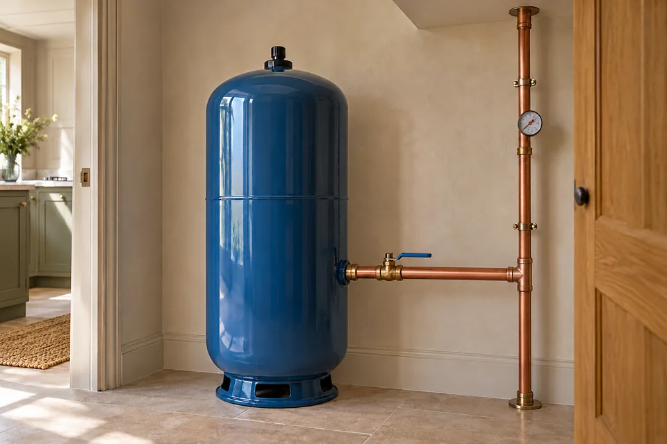 Blue floor-standing water accumulator with a single low-level connection to copper supply pipework.