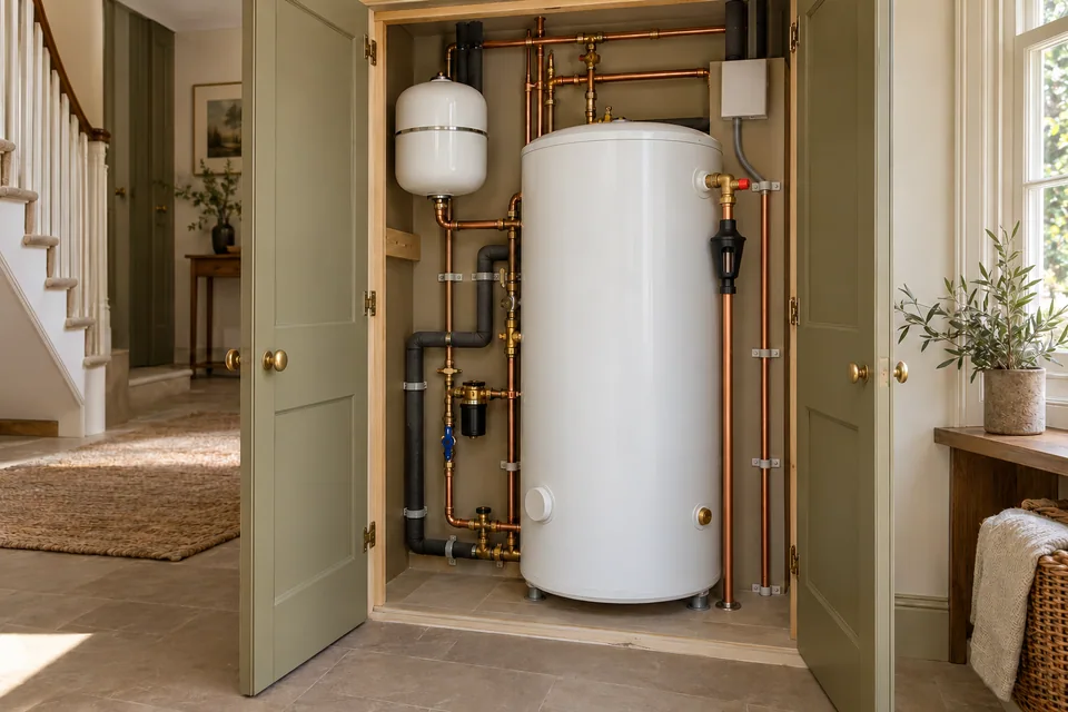 Unvented hot-water cylinder in an accessible plant cupboard with insulated pipework and a visible tundish.