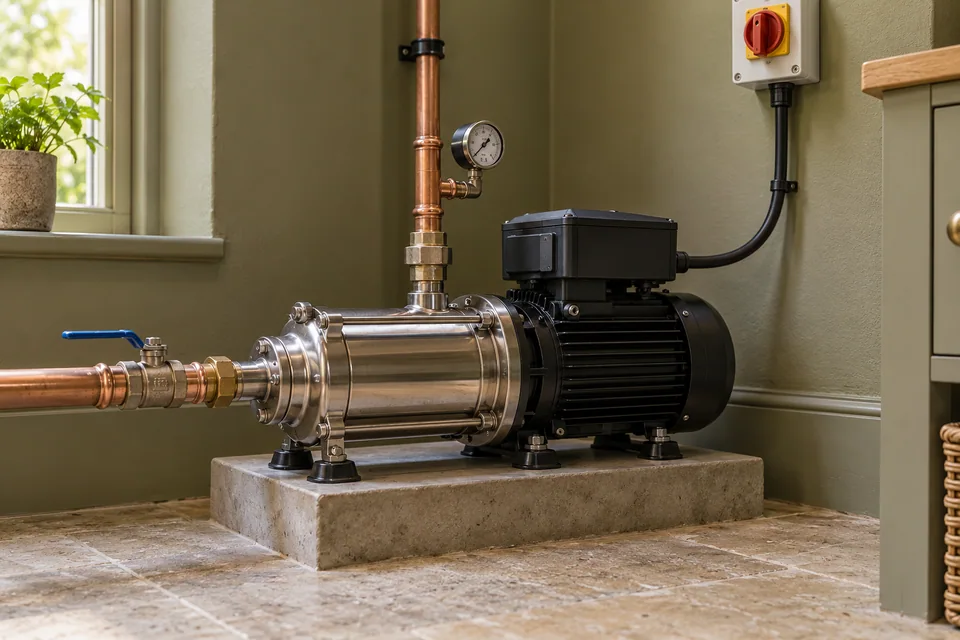 Stainless-steel booster pump on anti-vibration mounts with copper connections and a wired wall isolator.