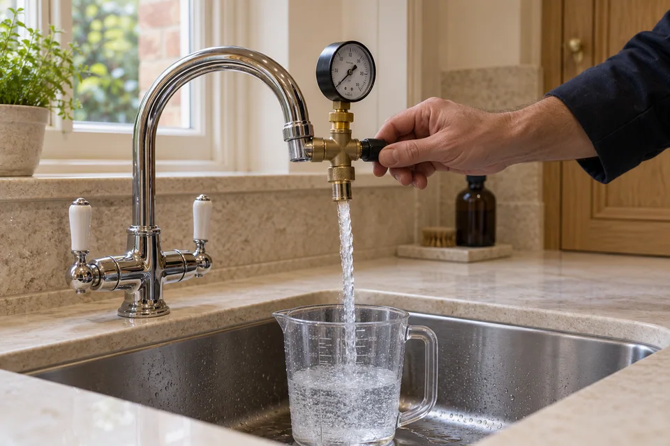 Pressure gauge attached to a utility tap test fitting, with water flowing into a measuring jug in the sink.