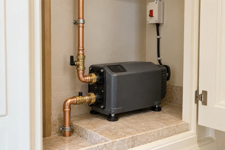 Compact enclosed booster pump with separate copper connections and a wall-mounted electrical isolator in an open service cupboard.