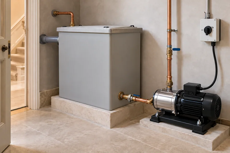 Closed rectangular cold-water storage tank beside a stainless-steel booster pump in a domestic plant room.