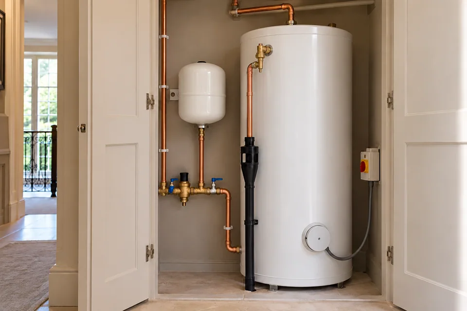 White hot-water cylinder with accessible copper pipework, expansion vessel and electrical isolation in a domestic plant cupboard.