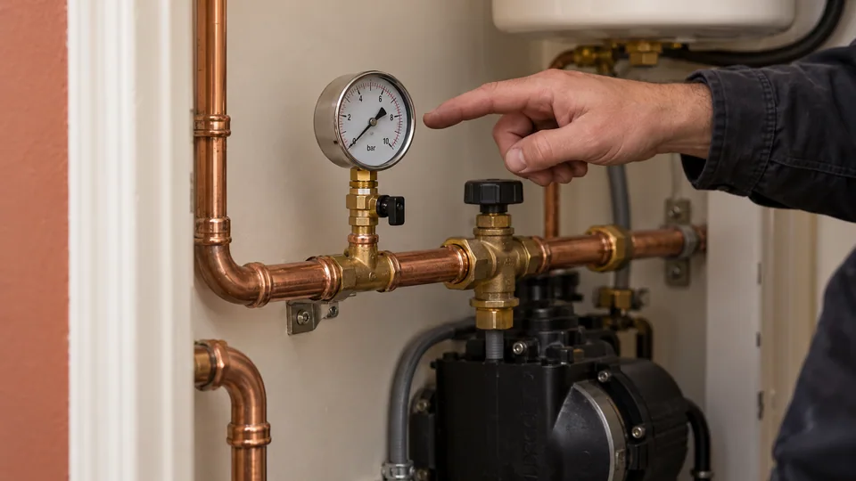 Pressure gauge connected to an accessible test point on a domestic water supply pipe